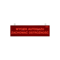 tablica ostrzegawcza dwustronna "WYCIEK AUTOGAZU ZACHOWAĆ OSTROŻNOŚĆ", podświetlenie czerwone LED, wbudowana cicha syrenka, zasilanie 230V 