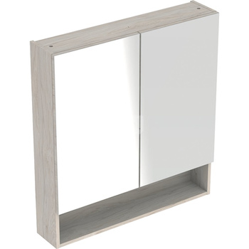 Szafka z lustrem Geberit Selnova Square, z dwoma drzwiami i dwoma szklanymi półkami: 58.8x85x17.5cm, Orzech włoski hickory jasny / Melamina, struktura drewna
