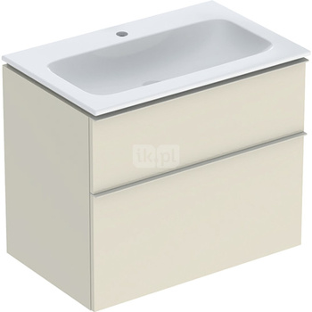 Zestaw umywalki meblowej Geberit iCon slim rim, z szafką pod umywalkę, z dwoma szufladami i zestawem odpływowo-przelewowym do umywalki: B=75cm, Umywalka: biały /KeraTect, Korpus i front: szary piaskowy / lakierowany, wysoki połysk, Uchwyt: szary piaskowy
