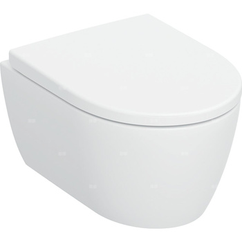 Zestaw wiszącej miski WC Geberit iCon, lejowa, krótka, ukryte mocowania, TurboFlush, z deską sedesową: T=49cm, Wolne opadanie=Tak, Zawiasy wypinane=Blokowane, Mocowanie=Od góry, Biały / Matowy