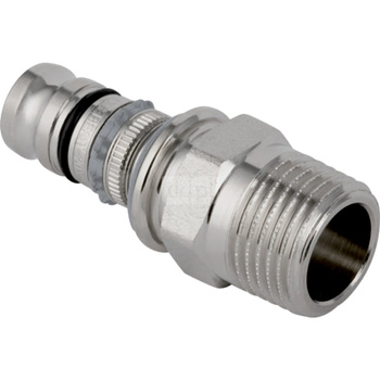 Złączka przejściowa GEBERIT Mepla, mosiądz nikiel (niklowanie) / mosiądz (niklowanie), 3/4'' x 20 mm (GZ gazowy stożkowy x końcówka wciskowa) z uszczelką