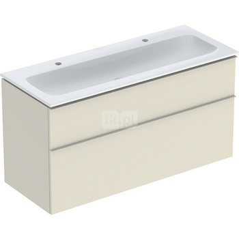 Zestaw umywalki meblowej Geberit iCon, slim rim, z szafką pod umywalkę, z dwoma szufladami i odpływowo-przelewowym do umywalki: B=120cm, Umywalka: biały /KeraTect, Korpus i front: szary piaskowy / lakierowany, wysoki połysk, Uchwyt: szary piaskowy / malow