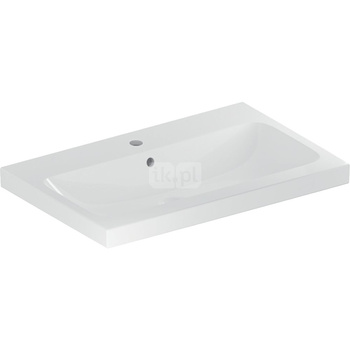 Umywalka GEBERIT iCon Light prostokątna, biała / KeraTect, 750mm, otwór na baterię na środku, z odpływem przelewowym, półka od ściany