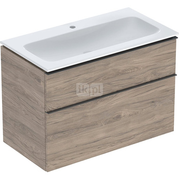 Zestaw umywalki meblowej Geberit iCon slim rim, z szafką pod umywalkę, z dwoma szufladami i zestawem odpływowo-przelewowym do umywalki: B=90cm, Umywalka: biały /KeraTect, Korpus i front: orzech hickory / melaminowa struktura drewna, Uchwyt: lava / malowan