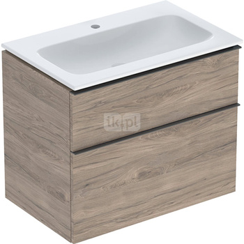 Zestaw umywalki meblowej Geberit iCon slim rim, z szafką pod umywalkę, z dwoma szufladami i zestawem odpływowo-przelewowym do umywalki: B=75cm, Umywalka: biały /KeraTect, Korpus i front: orzech hickory / melaminowa struktura drewna, Uchwyt: lava / malowan