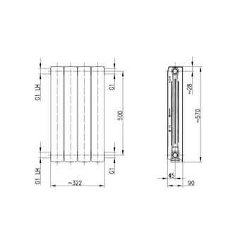 Grzejnik żeberkowy KFA Armatura ADR500/4 aluminium, podłączenie boczne 570 x 322 mm, kolor miedziany