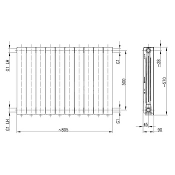 Grzejnik żeberkowy KFA Armatura ADR500/10 aluminium, podłączenie boczne 570 x 805 mm, kolor biały