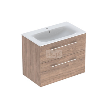 Zestaw umywalki meblowej Geberit Selnova Square, slim rim, z szafką pod umywalkę, z dwoma szufladami: B1=78.8cm, T=50.2cm, Otwór na baterię=Na środku, Przelew=Widoczny, Orzech włoski hickory
