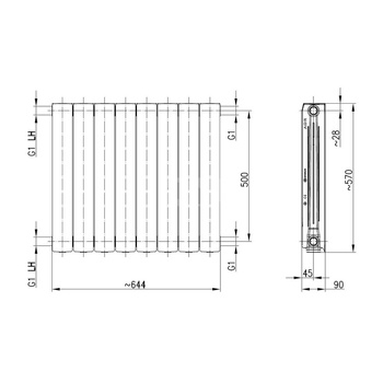 Grzejnik żeberkowy KFA Armatura ADR500/8 aluminium, podłączenie boczne 570 x 644 mm, kolor biały