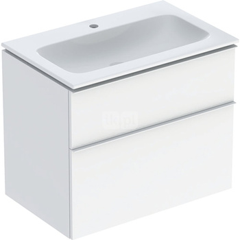 Zestaw umywalki meblowej Geberit iCon slim rim, z szafką pod umywalkę, z dwoma szufladami i zestawem odpływowo-przelewowym do umywalki: B=75cm, Umywalka: biały /KeraTect, Korpus i front: biały / lakierowany na wysoki połysk, Uchwyt: biały / powlekany pros