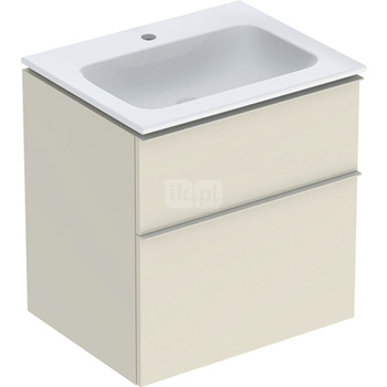 Zestaw umywalki meblowej Geberit iCon slim rim, z szafką pod umywalkę, z dwoma szufladami i zestawem odpływowo-przelewowym do umywalki: B=60cm, Umywalka: biały /KeraTect, Korpus i front: szary piaskowy / lakierowany, wysoki połysk, Uchwyt: szary piaskowy