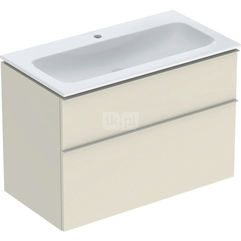 Zestaw umywalki meblowej Geberit iCon slim rim, z szafką pod umywalkę, z dwoma szufladami i zestawem odpływowo-przelewowym do umywalki: B=90cm, Umywalka: biały /KeraTect, Korpus i front: szary piaskowy / lakierowany, wysoki połysk, Uchwyt: szary piaskowy