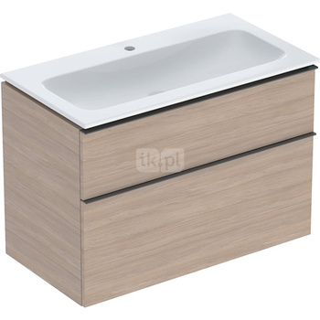 Zestaw umywalki meblowej Geberit iCon slim rim, z szafką pod umywalkę, z dwoma szufladami i zestawem odpływowo-przelewowym do umywalki: B=90cm, Umywalka: biały /KeraTect, Korpus i front: dąb / melaminowa struktura drewna, Uchwyt: lava / malowany proszkowo