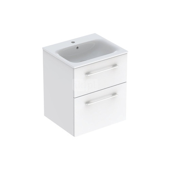 Zestaw umywalki meblowej Geberit Selnova Square, slim rim, z szafką pod umywalkę, z dwoma szufladami: B1=53.8cm, T=50.2cm, Otwór na baterię=Na środku, Przelew=Widoczny, Biały