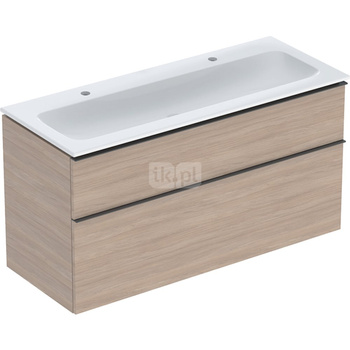 Zestaw umywalki meblowej Geberit iCon, slim rim, z szafką pod umywalkę, z dwoma szufladami i odpływowo-przelewowym do umywalki: B=120cm, Umywalka: biały /KeraTect, Korpus i front: dąb / melaminowa struktura drewna, Uchwyt: lava / malowany proszkowo, matow
