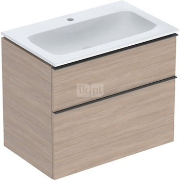 Zestaw umywalki meblowej Geberit iCon slim rim, z szafką pod umywalkę, z dwoma szufladami i zestawem odpływowo-przelewowym do umywalki: B=75cm, Umywalka: biały /KeraTect, Korpus i front: dąb / melaminowa struktura drewna, Uchwyt: lava / malowany proszkowo