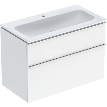 Zestaw umywalki meblowej Geberit iCon slim rim, z szafką pod umywalkę, z dwoma szufladami i zestawem odpływowo-przelewowym do umywalki: B=90cm, Umywalka: biały /KeraTect, Korpus i front: biały / lakierowany na wysoki połysk, Uchwyt: chromowany z połyskiem